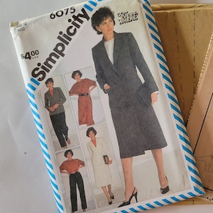 Skirt Suit Sewing Patterns for Womens Blouse Wrap Skirt Pants & Jacket, Vintage 80s Simplicity Patterns 6075 Printed 1983 Size 12 Uncut