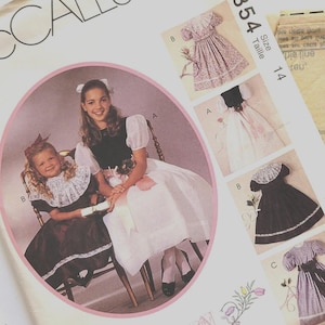 Patrones de costura McCall's para vestidos de niña para ocasiones especiales, combinación de vestido con mangas abullonadas y cuello desmontable, McCall's 6854, talla 14, sin cortar, 1993
