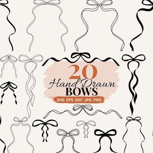 Hand Drawn Ribbon Bows SVG Bundle Whimsical Wedding Clipart Invitation Frames, Card Making Coquette Doodle Long Ribbon Bow Greeting Card SVG