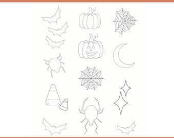 May include: A printable set of 12 Halloween embroidery patterns. The patterns include a spider, a pumpkin, a bat, a spider web, a candy corn, a crescent moon, and a star.  "12 Halloween Bundle Hand Embroidery Pattern"