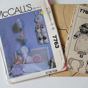 Kids Sewing Patterns Stuffed Plush Toy Cat Elephant Teddy Bear Shoe Organizer or Pajama Bag Vintage 80s McCalls Patterns 7763 Uncut 1981