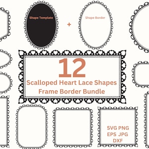 Spitze Ränder SVG ausgebogter Deckchen Spitze Herz Rahmen PNG Hochzeitseinladung Einladen Kartenherstellung, Jakobsmuschel Rahmen SVG Digitale Rahmen Png Dxf Eps