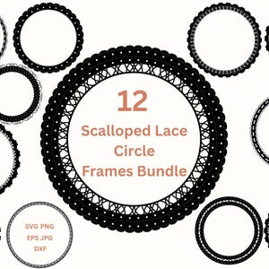Lace Frame SVG Bundle Scalloped Circle SVG Lace Frame Clipart, Photo Frame PNG Card Making, Digital Photo Frame Vector Cricut Designs