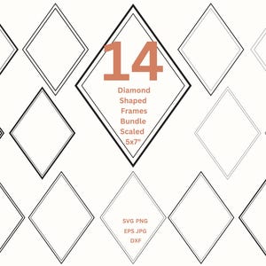 Puede incluir: Imagen de 14 marcos en forma de diamante. Los marcos están delineados en negro sobre un fondo blanco. El número "14" se muestra en color coral, junto con el texto "Diamond Shaped Frames Bundle Scaled 5x7". Los marcos miden aproximadamente 12,7 cm x 17,8 cm.
