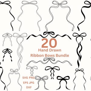 Hand Drawn Ribbon Bows SVG Bundle Whimsical Wedding Clipart Invitation Frames, Card Making Coquette Doodle Long Ribbon Bow Greeting Card SVG