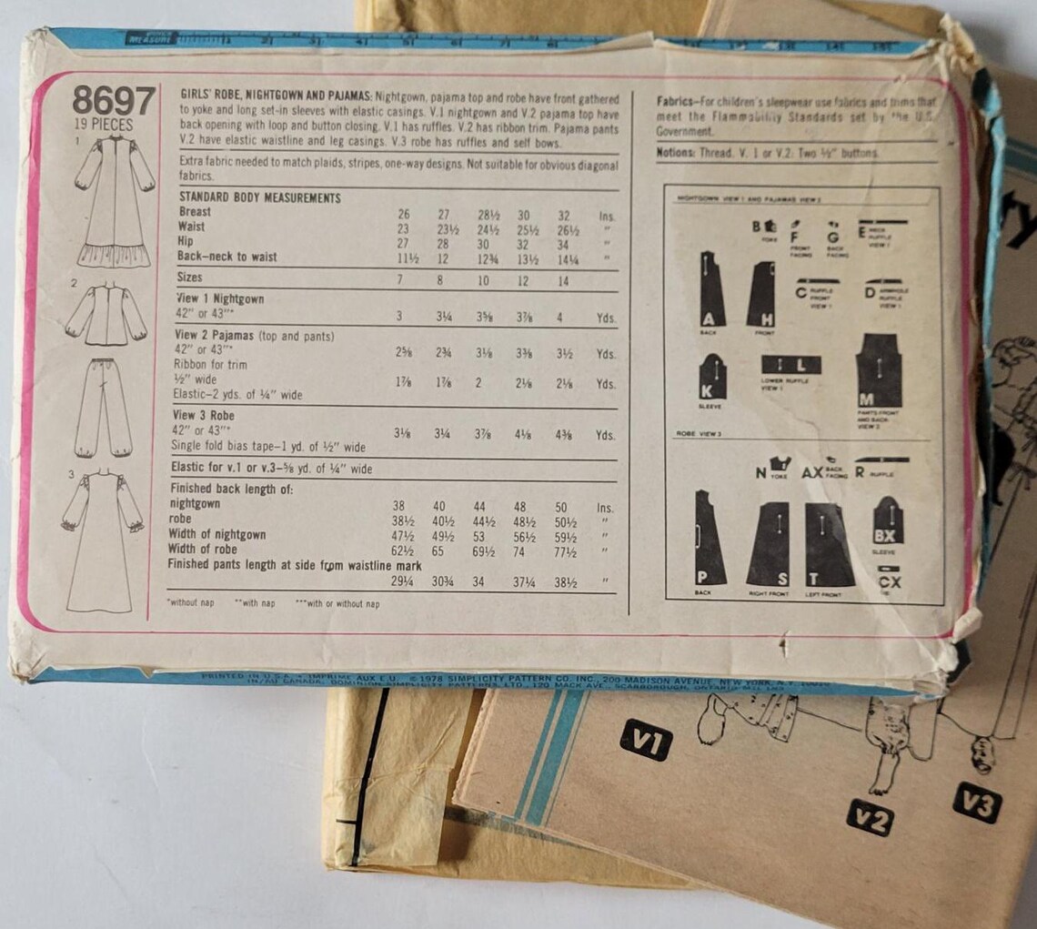 Girls Long Nightgown Sewing Pattern Pajama Pants Tops Set, Vintage 70s