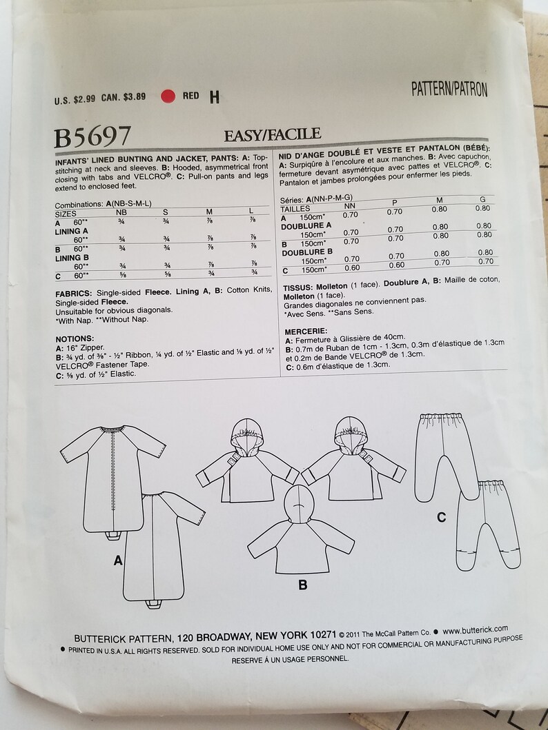 Sewing Pattern for Infants Lined Bunting Jacket and Pants Newborn Small Medium Large Butterick See /& Sew B5697 5697 Uncut