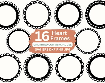 Scalloped Circle Frame SVG Bundle Valentines Clipart, Heart Frame Laser Cut File, Cake Topper Frame Card Making Monogram Frame SVG DXF