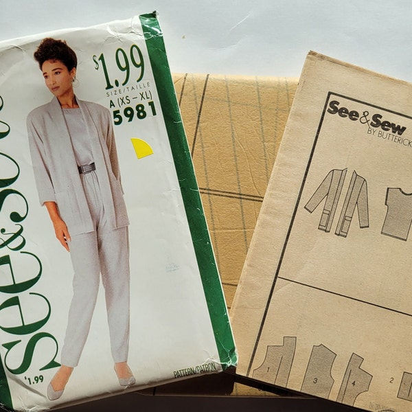 Sewing Patterns Women Jacket Top and Pants Loose Fitting, See & Sew Patterns 5981, Misses Size XS S M L XL, Uncut Printed 1987, Easy Sewing