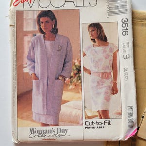 Vintage 80s Dress Sewing Patterns for Womens Unlined Jacket & Square Neck Dresses, McCalls Pattern 3516 Misses Size 8 10 12 Uncut Print 1988