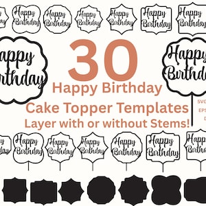 Pacchetto di file di taglio a strati SVG per topper per torta di buon compleanno, forme per topper per cupcake, file di taglio laser per torta di compleanno, vettori DXF EPS