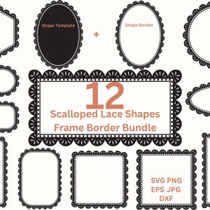 Lace Borders SVG Scalloped Frames Shapes PNG Wedding Invitation Invite Card Making & Label, Laser Cut File Bundle Digital Frames Png Dxf Eps