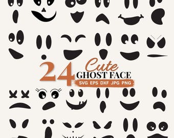 Paquete de imágenes SVG PNG de caras de fantasmas, lindo clipart de Halloween para tallar calabazas, caras de calabazas talladas en SVG PNG JPG DXF EPS, caras de calabazas aterradoras para Halloween