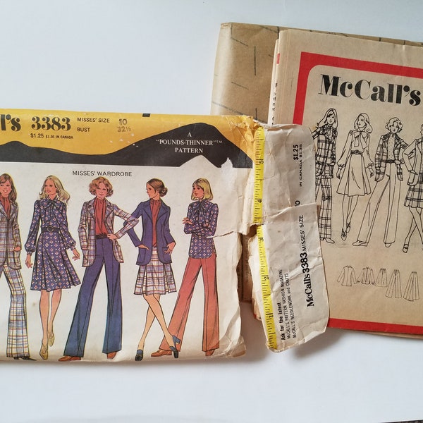 Sewing Patterns Womens Skirts Jacket Pants and Blouse, Vintage 70s McCalls 3383, Misses Size 10 Bust 32 1/2, Printed 1972, Wardrobe Pattern