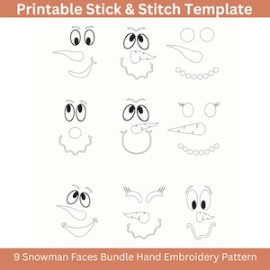 Stick and Stitch Christmas Embroidery Designs Snowman Hand Embroidery Pattern PDF Bundle, Stick and Stitch Printable Template Snowman Faces