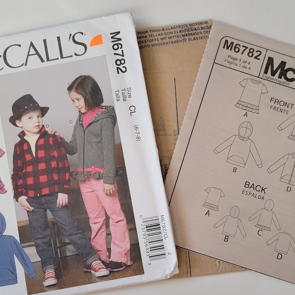 Sewing Patterns Kids Jacket and Top, McCalls Patterns M6782 6782, Boys and Girls Size 6 7 8, Uncut Printed 2013