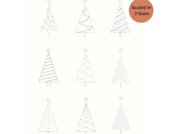 May include: Nine black and white Christmas tree embroidery patterns. The trees are in two sizes and have different designs, including swirls, stripes, dots, and waves.