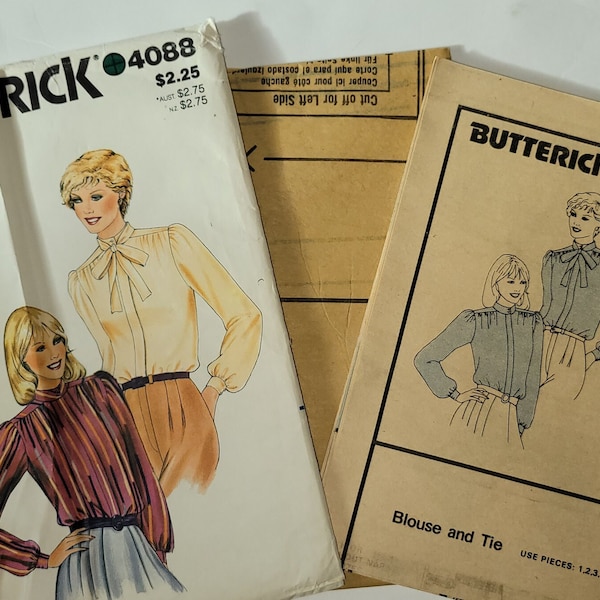 Sewing Patterns Womens Tops, Long Sleeve Blouse Separate Tie Collar, Butterick Patterns 4088, Misses Size 12, Uncut Vintage 80s