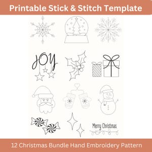 Stick and Stitch Christmas Designs Hand Embroidery Pattern PDF, Stick & Stitch Printable Template, Santa Snowflake Winter Embroidery Sampler