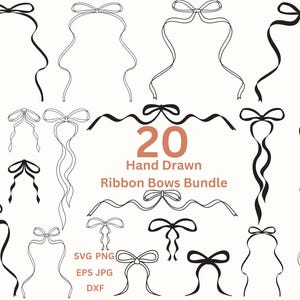 Handgezeichnete Schleife SVG Bundle Wunderliche Einladungsrahmen für Hochzeit Einladen Clipart, Kartenherstellung Langes Band Schleife Digitale Rahmen PNG EPS