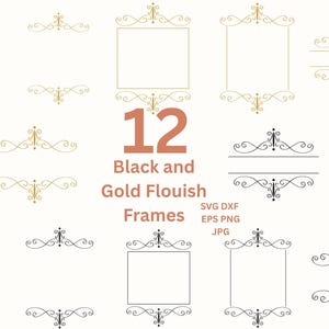 Flourish Borders SVG Hand Drawn Gold Frames Clipart PNG Wedding Invitation Frame Svg, Decorative Text Divider Lines SVG, Flourish Swirl Svg