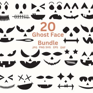 Ghost Face SVG Bundle PNG Halloween Clipart, Scary Pumpkin Carving Jack O Lantern Stencil, Dxf for Laser Cricut Cut File Vector Illustration