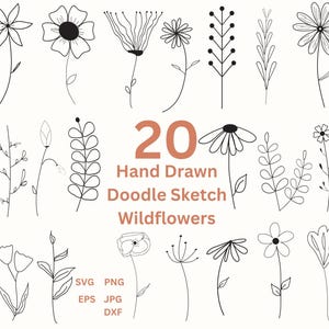 Pacote SVG de flores silvestres, clipart de flores silvestres botânicas desenhadas à mão PNG, clipart de rabiscos de jardim, clipart de casamento, pacote floral de rabiscos de flores Svg