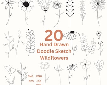 Vildblomma SVG-fil handritad vildblomma Clipart Doodle blommor PNG, trädgårdsblomma PNG, blommig korttillverkning design digitala stämplar