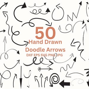 Könnte beinhalten: Ein Satz von 50 handgezeichneten Doodle-Pfeilen in Schwarz auf weißem Hintergrund. Die Pfeile sind in verschiedenen Stilen, darunter gerade, gebogene und wellenförmige. Der Text "50 Hand Drawn Doodle Arrows" ist in Braun unter den Pfeilen geschrieben.