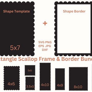 Pode incluir: Um pacote de download digital de 10 modelos de moldura e borda de vieira retangulares em vários tamanhos, incluindo 2x3, 3.5x2, 4x6, 5x5, 3.5x5, 4x10, 4x9, 8x10 e 12x16 polegadas. Os modelos são pretos com uma borda festoneada e estão disponíveis nos formatos de arquivo SVG, PNG, EPS, JPG e DXF.