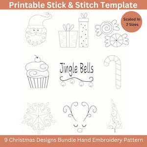 Stick and Stitch Christmas Designs Hand Embroidery Pattern PDF, Stick & Stitch Printable Template, Santa Reindeer Winter Embroidery Sampler