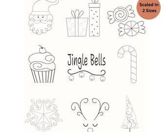 May include: A set of nine black and white Christmas-themed embroidery patterns. The patterns include Santa Claus, a gift, candy canes, a cupcake, jingle bells, a snowflake, reindeer antlers, and a Christmas tree.