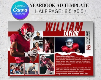 Modello di annuncio per annuario scolastico Canva / Annuncio di mezza pagina per ragazzi / Collage fotografico di laurea a tema calcio
