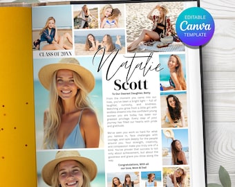 Modello di annuncio per annuario scolastico / Pagina intera per ragazze / Collage di foto modificabile / Pagina di laurea (download Canva)