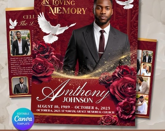 Funeral Program Template | Bifold Obituary Template for men | canva 4 pages | Red Burgundy 11x17