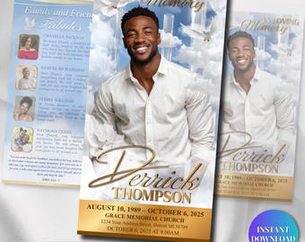 Blue Funeral Program Template, Printable Trifold Obituary Template for men, with Canva 11x17