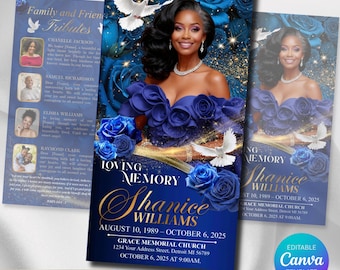 Modello di programma funebre / Modello di necrologio a tre ante per donne / Programmi commemorativi blu reale Canva 11x17