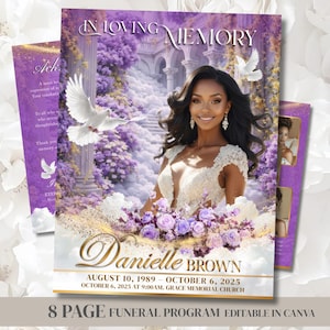 Peut inclure: Un programme funéraire avec le portrait d'une femme, entouré de fleurs violettes et d'un fond de scène céleste. Le programme comprend le texte "In Loving Memory" et le nom "Danielle Brown" avec les dates et les détails de la cérémonie. Le programme est un modèle modifiable de 8 pages.