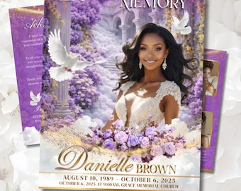 Modello di programma funebre / Modello di necrologio / Celebrazione della vita / Canva modificabile / Rose viola lavanda: 8 pagine