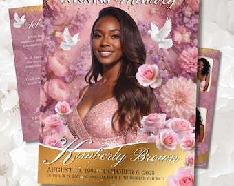 Funeral Program Template | Obituary Template for Women | Tribute Page Lavender pink gold Rose Design
