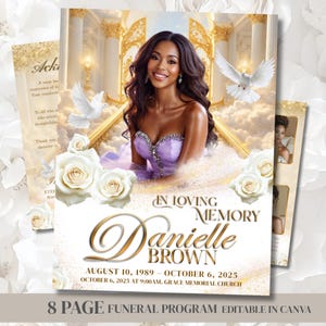 May include: A funeral program with a portrait of a woman in a lavender dress, surrounded by white roses and doves. The program includes the text "In Loving Memory Danielle Brown" and event details. The program is 8 pages and editable in Canva.