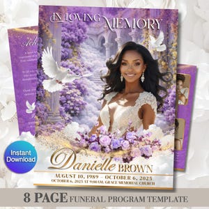 Modello per programma funebre / Modello per necrologio per donne / Omaggio commemorativo di 8 pagine / Viola lavanda 11x17