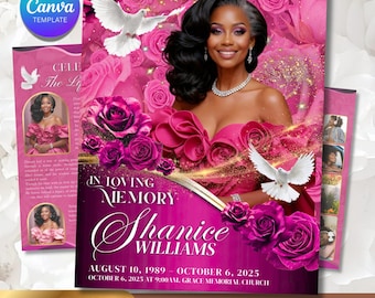 Modello per programma funebre / Modello per necrologio per donne / Rosa rosa commemorativa su tela, 4 pagine 11x17