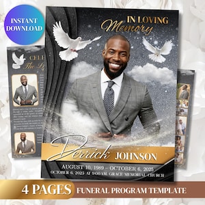 May include: A funeral programme template featuring a portrait of a man in a grey suit and tie. The design includes white doves, clouds, and a starry black background with gold text reading In Loving Memory, Derrick Johnson, and service details.