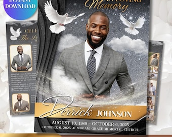 Funeral Program Template | Bifold Obituary Template for men | 4 pages memorial | Black - Gray  11x17
