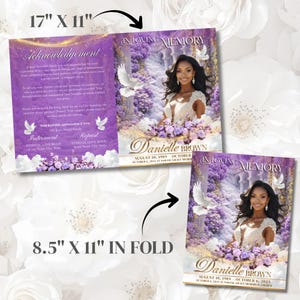 May include: A memorial card with a purple and gold design. The card features a photo of a woman, doves, and floral accents. The text reads "In Loving Memory" and includes the name "Danielle Brown" and dates.