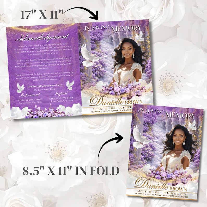 May include: A memorial card with a purple and gold design. The card features a photo of a woman, doves, and floral accents. The text reads "In Loving Memory" and includes the name "Danielle Brown" and dates.
