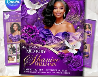 Modello per programma funebre / Modello per necrologio per donne / Canva commemorativa / Viola e oro, 8 pagine 11 x 17