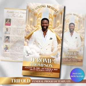 May include: A trifold funeral programme template featuring a portrait of a man in a white double-breasted suit against a golden heavenly background with white doves. The text includes IN LOVING MEMORY, JEROME THOMPSON, and service details.