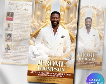 Funeral Program Template | Trifold Obituary Template for men | Memorial Programs | White Gold 11x17